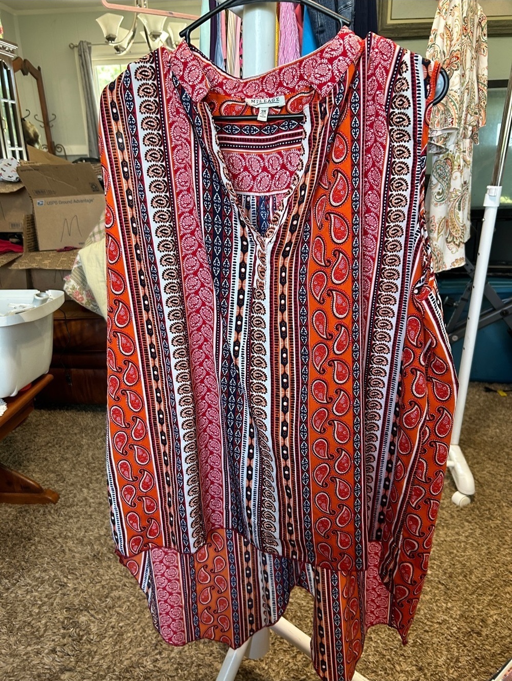 Mileage Sleeveless Paisley Stripe Tunic in Orange Size 3X